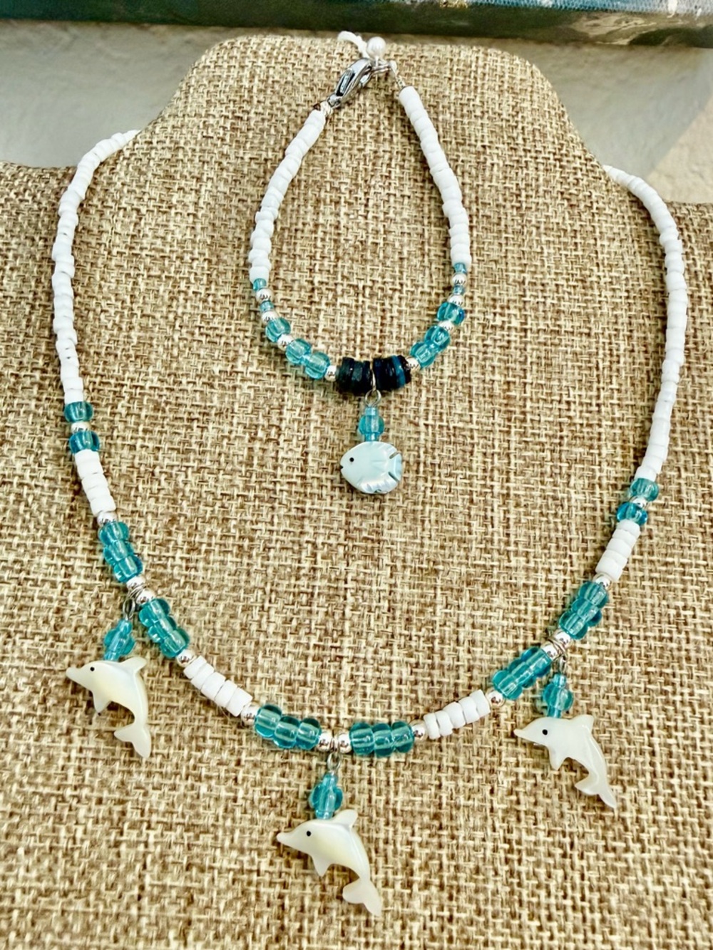 White and Teal Dolphin Bead Necklace and Bracelet Set
